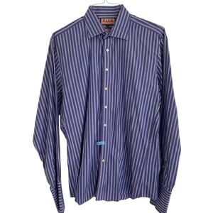 Thomas Pink Blue Striped Poplin Mens Button Down Shirt Slim Fit French Cuff 17.5